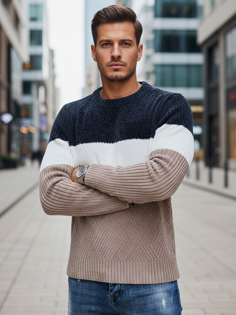 Sweter męski z okrągłym dekoltem granatowo-beżowy Dstreet WX2321