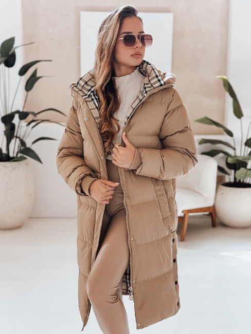 Kurtka damska zimowa WINTERMISS długa pikowana z kapturem ciemnobeżowa Dstreet TY4966