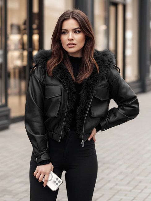 Kurtka skórzana damska z futerkiem SOFTREBEL czarna Dstreet TY4762z