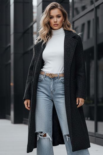 Długi płaszcz damski typu baranek czarny Dstreet NY0754z