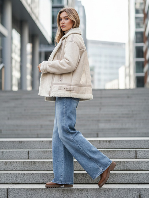 Kurtka ramoneska damska z kożuchem beżowa Dstreet TY5245z