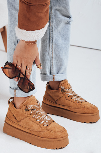 Sneakersy damskie z futerkiem na platformie kamelowe Dstreet ZY1068