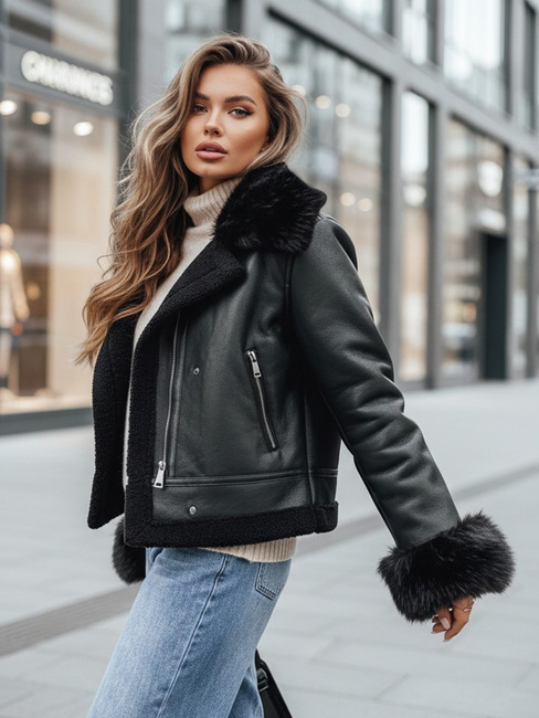 Kurtka damska skórzana z futerkiem czarna Dstreet TY5244z