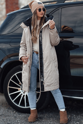 Kurtka zimowa damska ELEGANTI długa z kapturem jasnoszara Dstreet TY4657