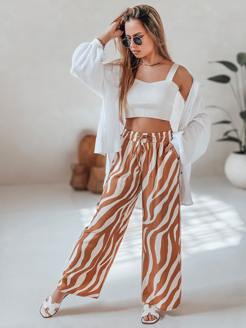 Spodnie damskie wide leg w paski ZEBRAVIBE beżowo-kamelowe Dstreet UY2655