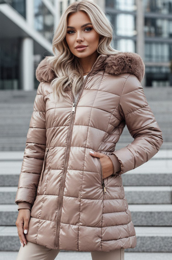 Kurtka damska zimowa pikowana WINTERZIP z kapturem beżowa Dstreet TY4567z