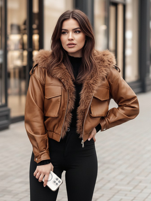 Kurtka skórzana damska z futerkiem SOFTREBEL brązowa Dstreet TY4761z