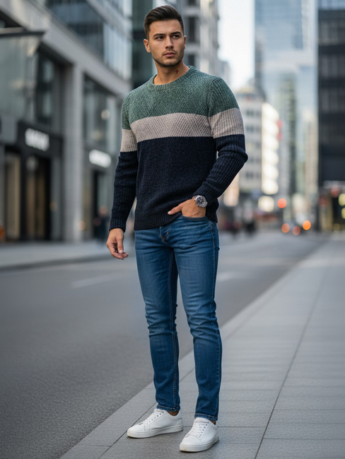 Sweter męski z okrągłym dekoltem zielono-granatowy Dstreet WX2319