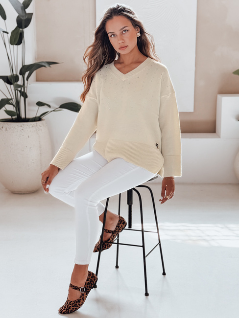 Damski sweter z dekoltem V VERALIA ecru Dstreet MY2517