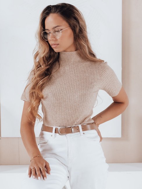 Damski sweter prążkowany z krótkim rękawem GIRLGLORY beżowy Dstreet MY2553