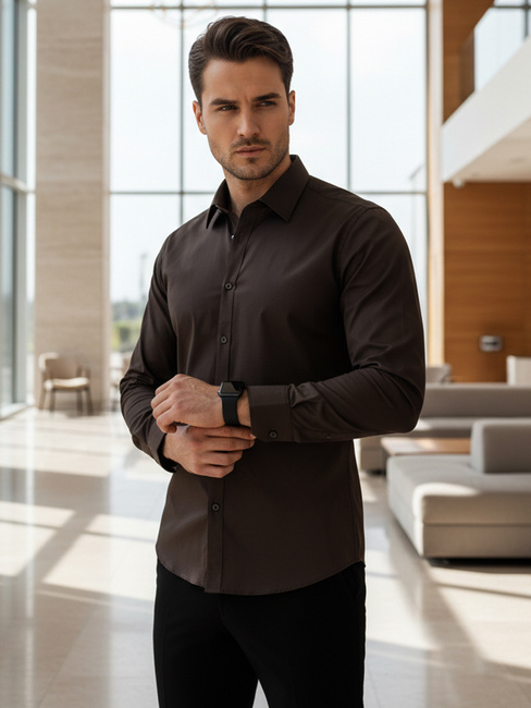 Koszula męska REGULAR FIT elegancka gładka ciemnobrązowa Dstreet DX2685