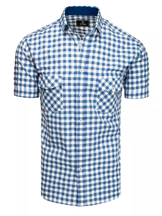 Biało-błękitna koszula męska z krótkim rękawem w kratkę Dstreet KX0956