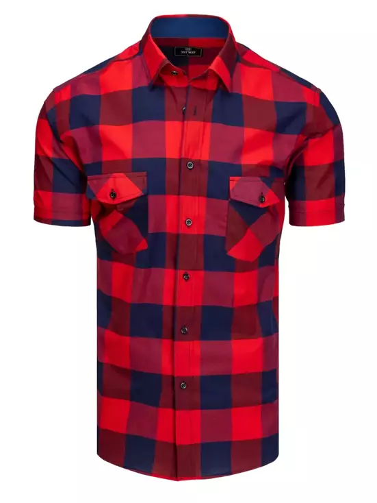 Granatowo-czerwona koszula męska z krótkim rękawem w kratkę Dstreet KX0948