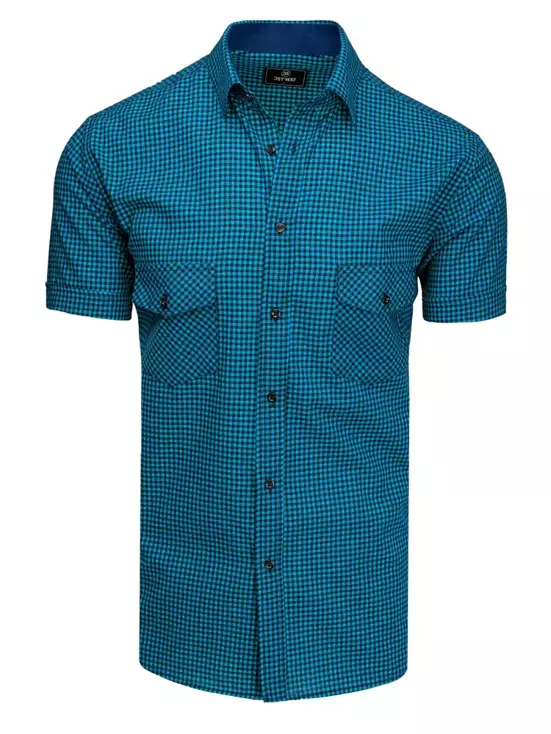 Niebiesko-czarna koszula męska z krótkim rękawem w kratkę Dstreet KX0953