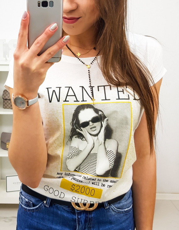 T-shirt damski WANTED z nadrukiem śmietankowy RY0825