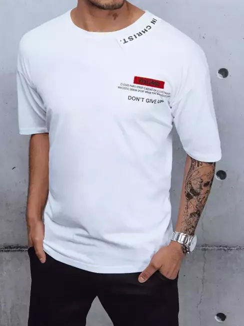 T-shirt męski z nadrukiem i naszywkami biały Dstreet RX4610z